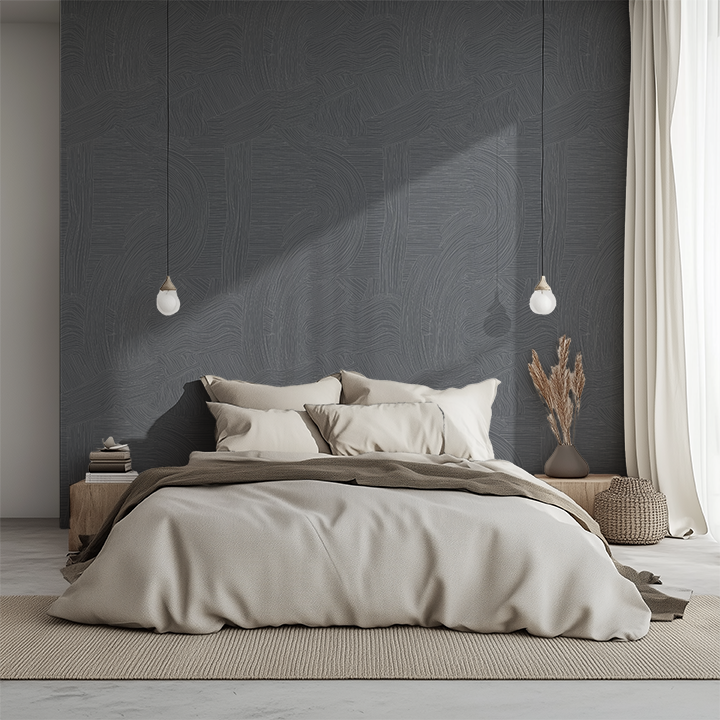In-Line Moonlight wallcovering by Casamonte x Marc-Michaels in a bedroom