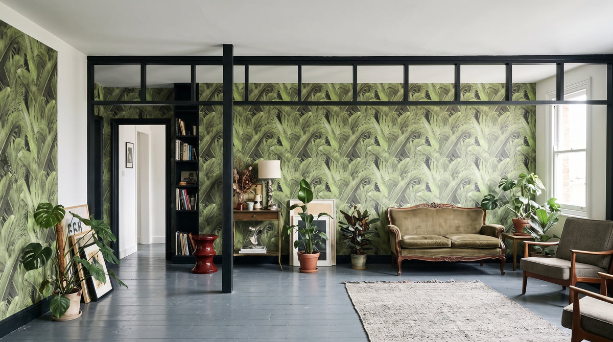 Dark botanical wallcovering in a CASAMONTE interior